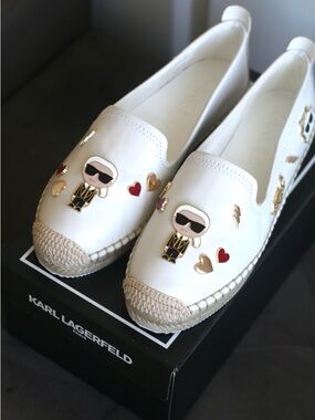 Karl Lagerfeld Michaela Embellished Slip-On Espadrille Flats Gold and Red Charms